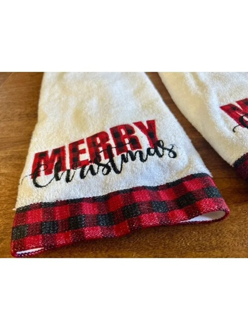 Set of 3 White Merry Christmas 1 Towel & 2 Hand Towels Red and Black Plaid Trim